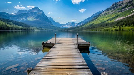 A wooden dock sits in a lake surrounded by mountains.