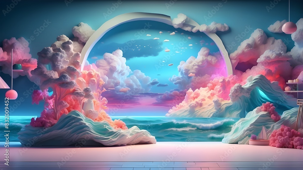 Poster featuring a 3d seascape scene with lovely clouds and neon lights as a backdrop for a product display