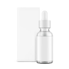 Realistic paperboard packaging box mockup with dropper bottle mockup isolated on white background. Vector illustration. Сan be used for cosmetic, medical and other needs. EPS10.