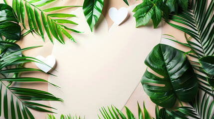 Tropical nature background with green leaves and white heart shaped paper for copy space. Top view. Flat lay. Creative advertising. Summer and love concept.