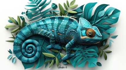 Bold rainbow colors chameleon,surrounded with tropical exotic leaves and flowers, lizard in jungle plants in illustrative style, AI generated image - Powered by Adobe