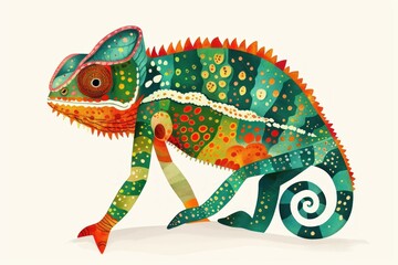 Illustration of colorful chameleon on green plant, isolated lizard clip art, AI generated image
