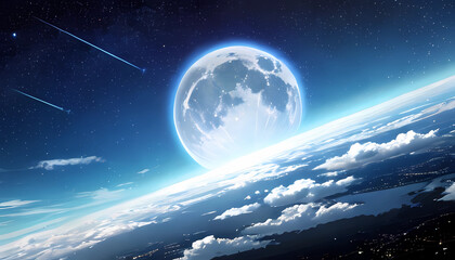 Artistic illustration. Space landscape, where you can see the orbit of the earth and the moon with flying comets