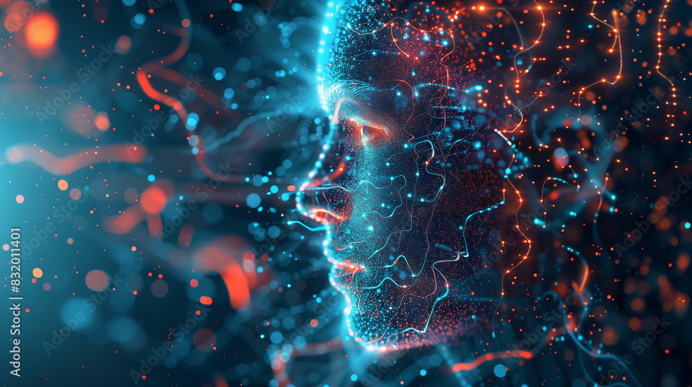 Poster a face made of computer code with a blue background. the face is surrounded by a lot of red and oran