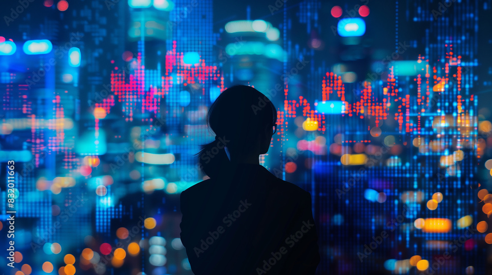 Poster a man is standing in front of a city skyline with a lot of numbers and lights. the image has a futur
