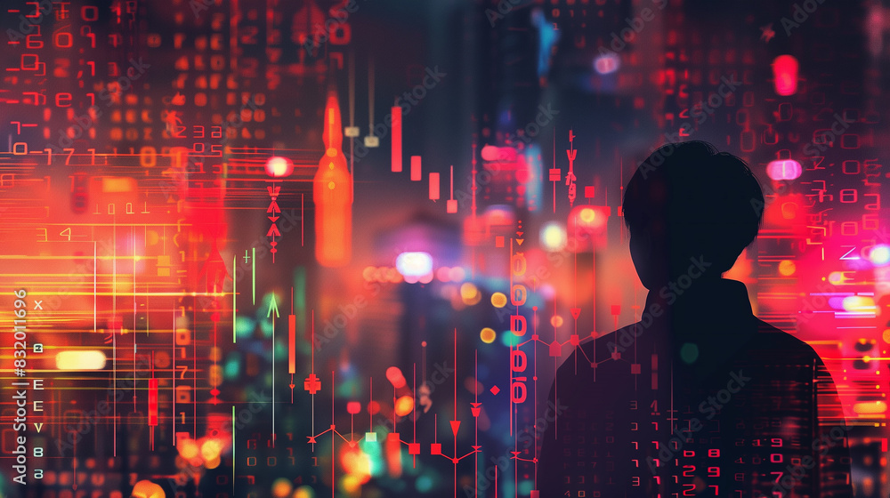 Poster a man is standing in front of a city skyline with a lot of numbers and lights. the image has a futur