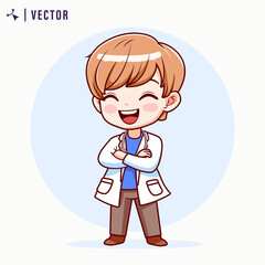 Cute and funny flat cartoon kid doctor wearing white clothes bring stethoscope. Little Boy Doctor Character Vector Illustration