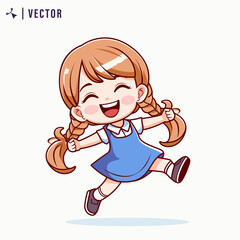 Cute and Kawaii Happy Girl with Braided Hair Wearing Blue Short Dress in White Isolated Background Vector Illustration