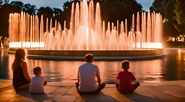 Family Enthralled by Spectacular Fountain Display