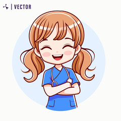 Little Girl Wearing Doctor Costume with stethoscope Hanging in Her Neck Vector Illustration. Cute Kids Doctor Character