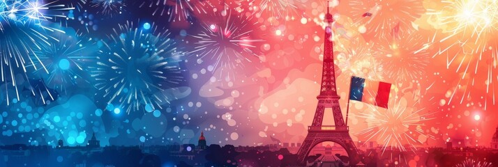 Horizontal banner. Bastille Day, French national day. Fireworks over Paris against the background of the the Eiffel Tower and city panorama. Holiday illustration