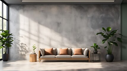 Living Room with Premium Rich Beige Accent Chair and Gray Plaster Stucco Wall. Modern Trend Interior Design for Office or Lounge. Microcement Texture. 3D Render.