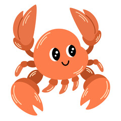 Cute red crab with funny eyes and claws. Sea creature with pincers isolated on white background. Childish colored flat cartoon vector illustration of funny smiling lobster 