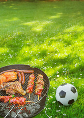  Delicious grilled meat with vegetables sizzling over the coals on barbecue with a soccer ball on...