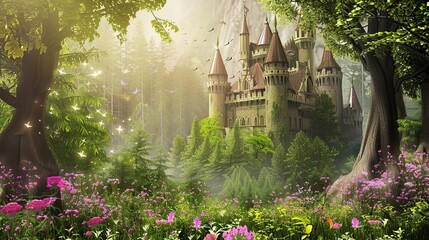 Enchanted Realm, Princess Castle Nestled in a Fairy Tale Forest. Generative Ai