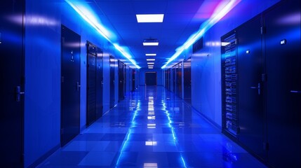 Fototapeta premium Modern secure data center, compact server equipment, advanced networking infrastructure, high-tech environment, dim lighting with tech glow