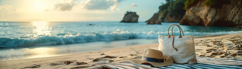 Obraz premium A close-up view of a white tote bag and a straw hat resting on a striped beach blanket, the sandy beach and tranquil ocean in the background
