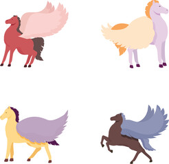 Collection of four colorful pegasus illustrations in different stances on white background