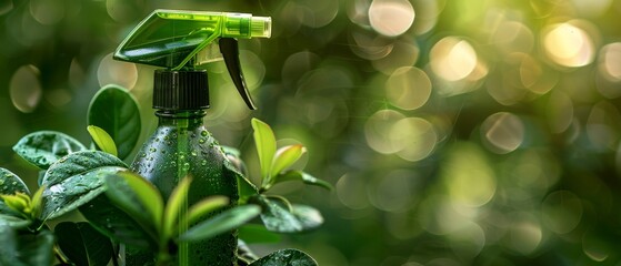 Isolated close-up of a green cleaning bottle with a leaf design, studio lighting, showcasing environmentally friendly cleaning concept against a green background