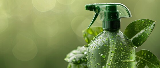 Isolated close-up of a green cleaning bottle with a leaf design, studio lighting, showcasing environmentally friendly cleaning concept against a green background
