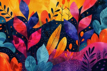 A colorful painting of a forest with many different colored leaves