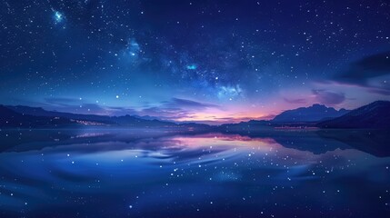Fototapeta premium A beautiful, starry night sky over a calm lake, with the stars reflecting on the water's surface