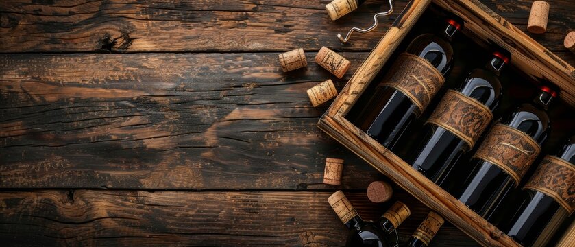 Isolated background, box with wine bottles, corkscrew and corks, wooden table flat lay, studio lighting, space for text
