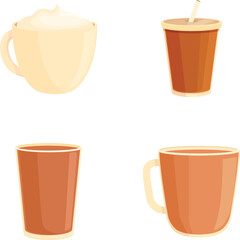Collection of four cartoonstyle coffee cups, representing different coffee drinks