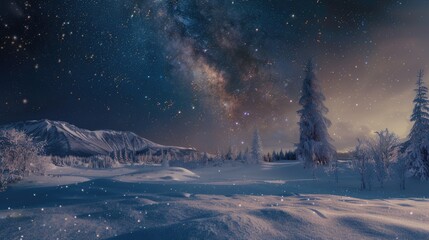 A beautiful, starry sky over a snowy landscape, with the stars casting a gentle glow on the snow-covered ground