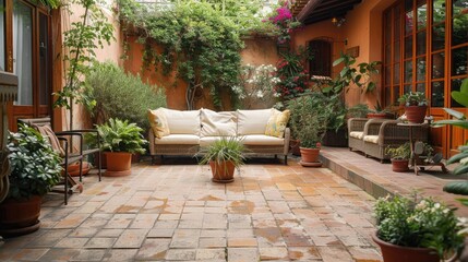 A beautiful terracotta patio with comfortable seating, natural stone flooring, and potted plants creating a serene space