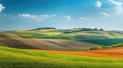 Obraz premium A beautiful view of a rolling countryside with fields in shades of green and brown under a blue sky