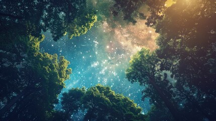 Obraz premium A beautiful view of a starry sky above a dense forest, with the stars shining brightly through the trees
