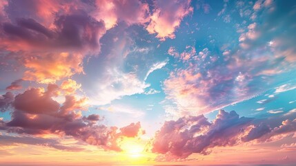 A breathtaking sunrise with colorful clouds scattered across the sky, bathed in warm, golden light