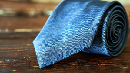 A close-up of a blue tie neatly folded on a wooden table. - Powered by Adobe