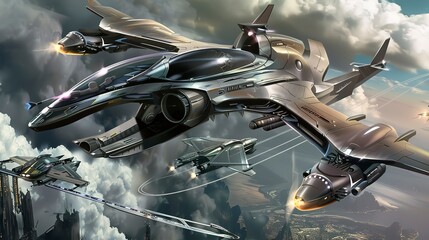 Concept art of a futuristic airplane design. 