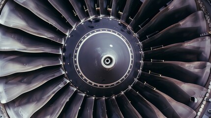 Detailed view of the turbine blades inside a jet engine. 