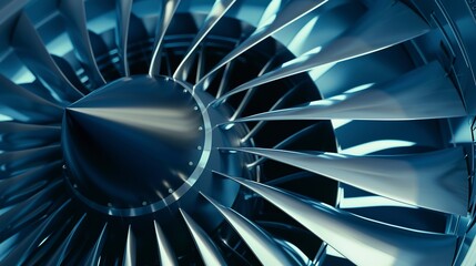 Detailed view of the turbine blades inside a jet engine.