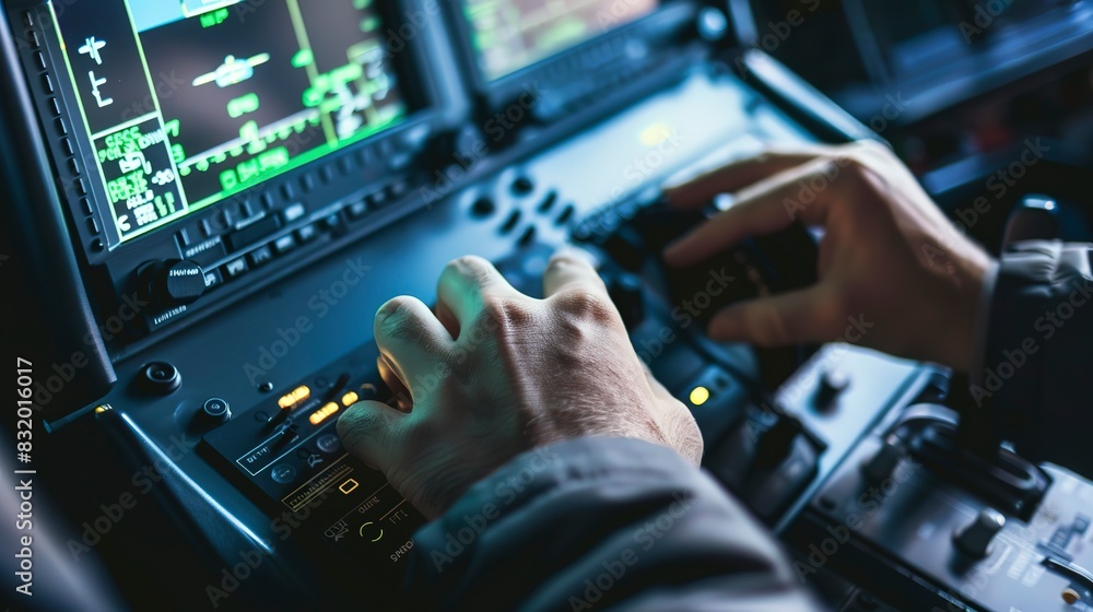Poster close-up of hands programming the flight computer in an aircraft.