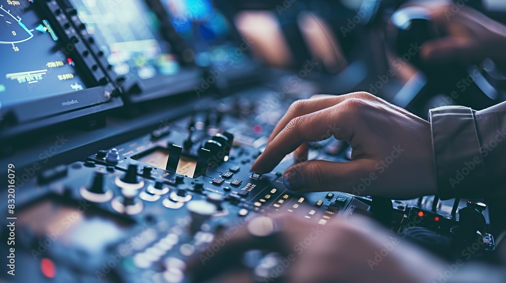 Poster close-up of hands programming the flight computer in an aircraft.