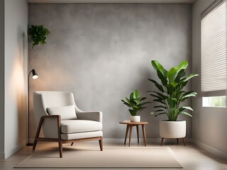 Fototapeta premium Living Room with Premium Rich Beige Accent Chair and Gray Plaster Stucco Wall. Modern Trend Interior Design for Office or Lounge. Microcement Texture. 3D Render.