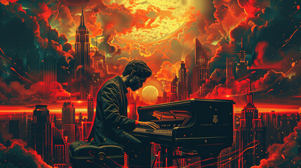 Pianist playing under the moonlight with a double exposure of a busy city and text area