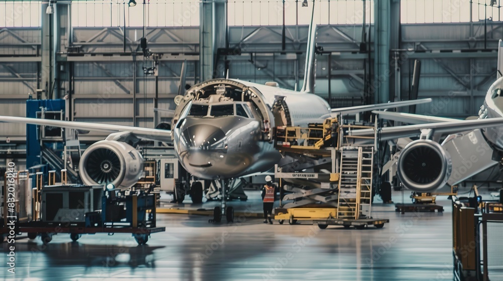 Poster a busy aircraft assembly line with components ready for installation.
