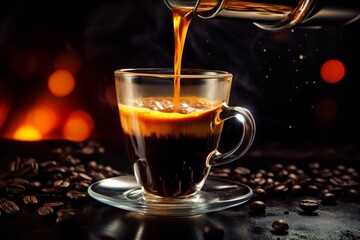 Fototapeta premium Pouring hot espresso coffee to glass cup on black background. Cup of coffee with beans