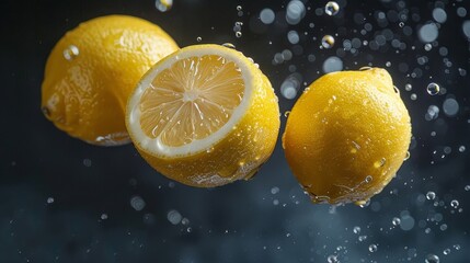 Three fresh lemons splashing in water against a dark background. One lemon is cut in half, revealing its juicy interior. Water droplets and bokeh effects add a dynamic touch.