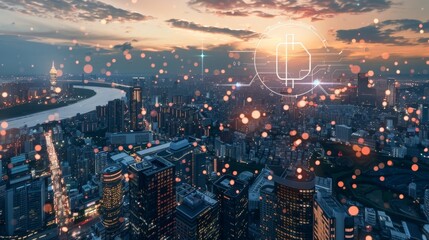 The integration of digital currencies into a developing cityscape highlighting its potential influence on economic growth.