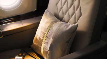 Fototapeta premium Detailed stitching and fabric of an airplane seat, luxury class, soft lighting to emphasize comfort and quality. 