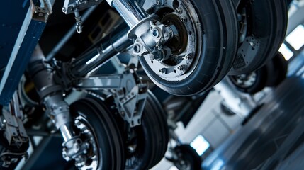 Close-up of landing gear mechanics as wheels deploy, focusing on hydraulic systems and metal gears. 