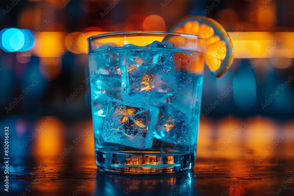 Aufkleber refreshing cocktail with lemon slice in a vibrant bar setting, featuring colorful bokeh lights in th