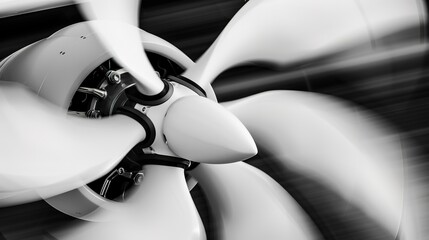 Close-up of a drone propeller, frozen motion, capturing detail of blades and central hub, crisp image.