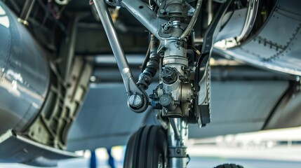 Intricate view of an airplane's hydraulic landing gear system, emphasizing shiny metal and...